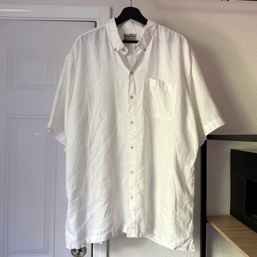KENNY FLOWERS men’s white linen‎ short sleeve button up shirt